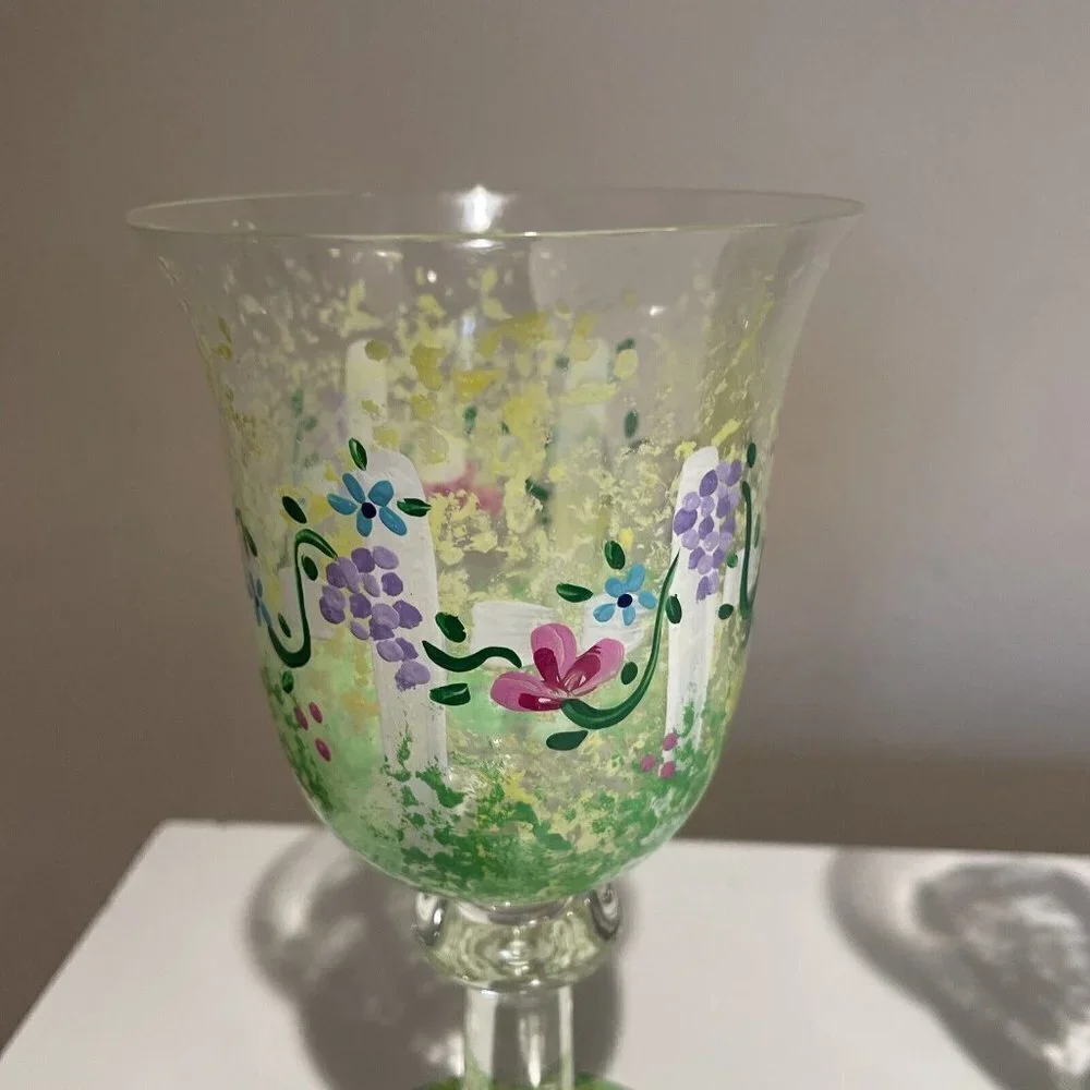 Art Glass Stemmed Goblets Wine or Water Glasses Hand Painted Flowers Signed 